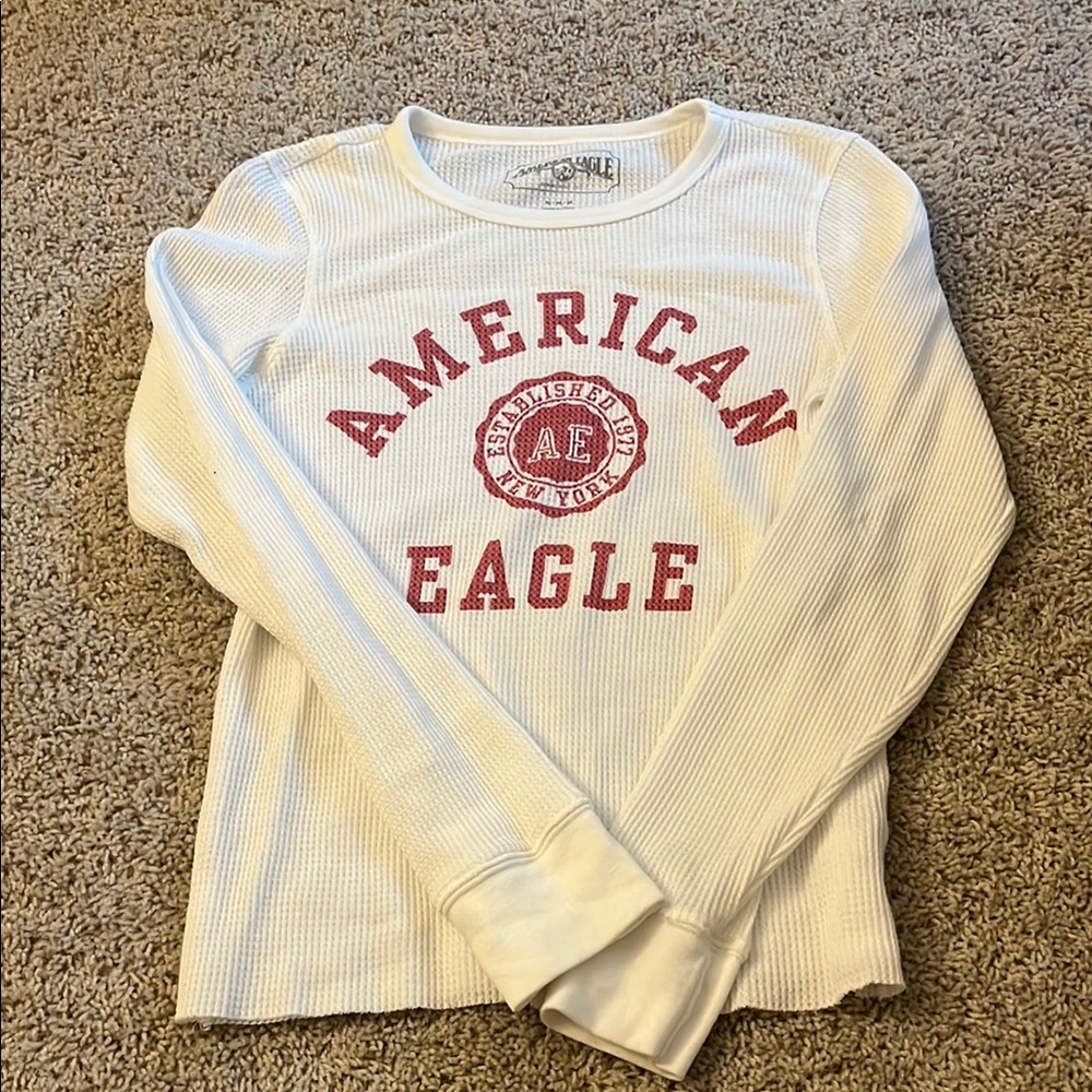 American Eagle Outfitters White and Red Long Sleeve Tee